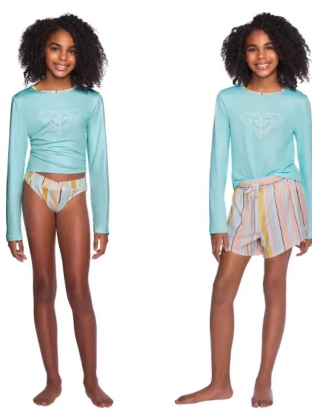 Roxy Girls 3pc Swim Set Rashguard Bikini Shorts L 14/16 UPF 50 Pastel Stripe